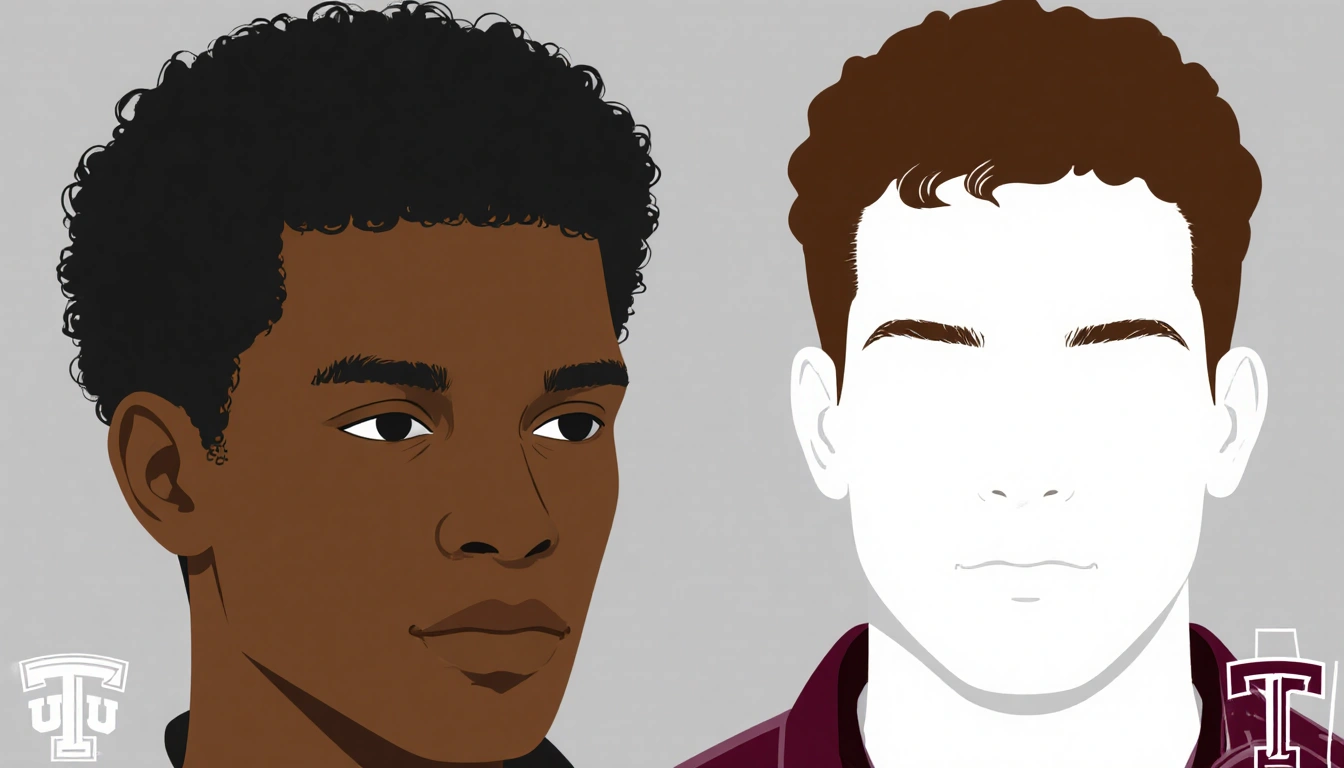 Two young men stand side by side with university logos one black with curly hair and one white with brown curls.