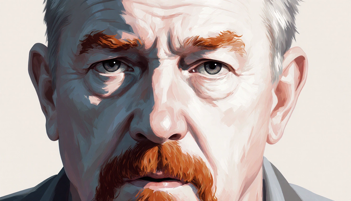 White middle-aged suspect standing with red goatee and slight waist bulge against neutral background