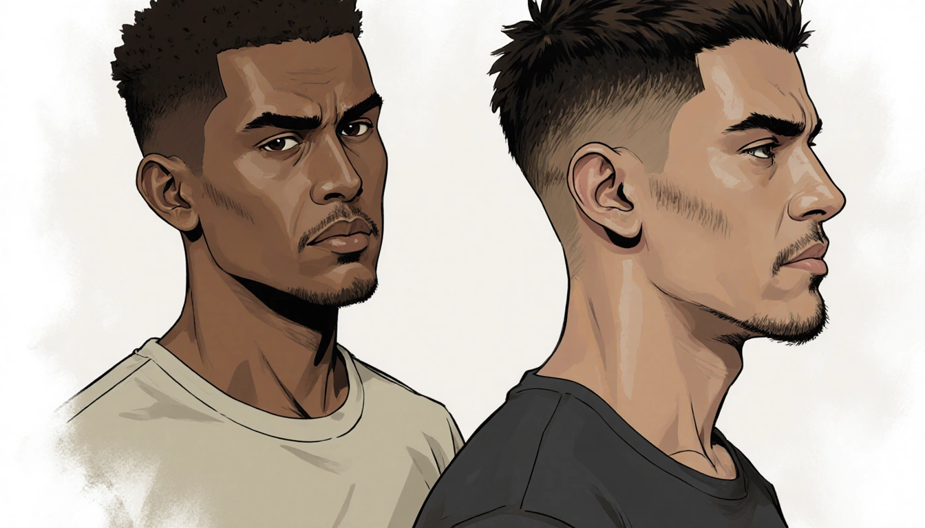 Two Hispanic men stand side by side with contrasting clothing and neutral expressions hinting at an aggravated assault case