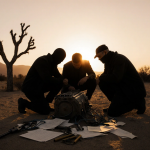 Four suspects huddling around a makeshift explosive device with desert sunset and skeletal tree behind.