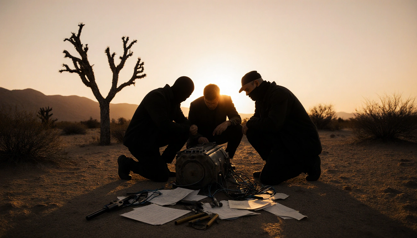Four suspects huddling around a makeshift explosive device with desert sunset and skeletal tree behind.