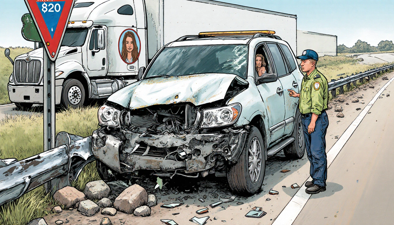 Tow truck driver standing shaken outside vehicle with damaged SUV front and faint woman seated inside indicating collision.