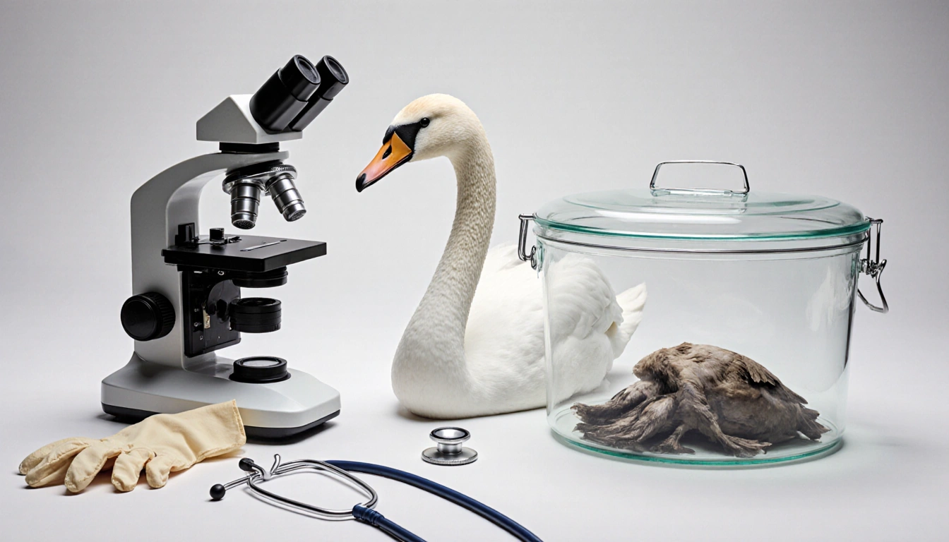 White swan poses near a glass container with a closed lid and microscope gloves and stethoscope on the ground.