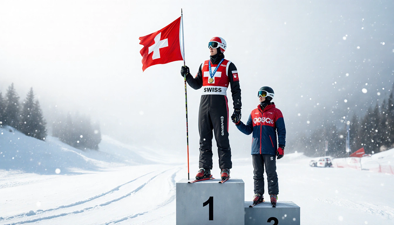 Swiss athlete podium top step holding flag with Swiss colors medal teammate beside holding hand with foreign skier amid snowy