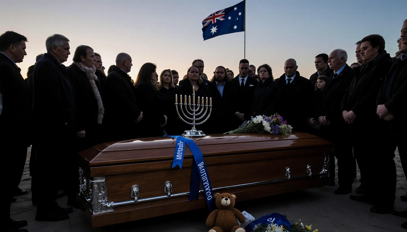 Mourners gather around a wooden coffin with a menorah and ribbon near a teddy bear and flowers at Sydney Bondi Beach sunset.