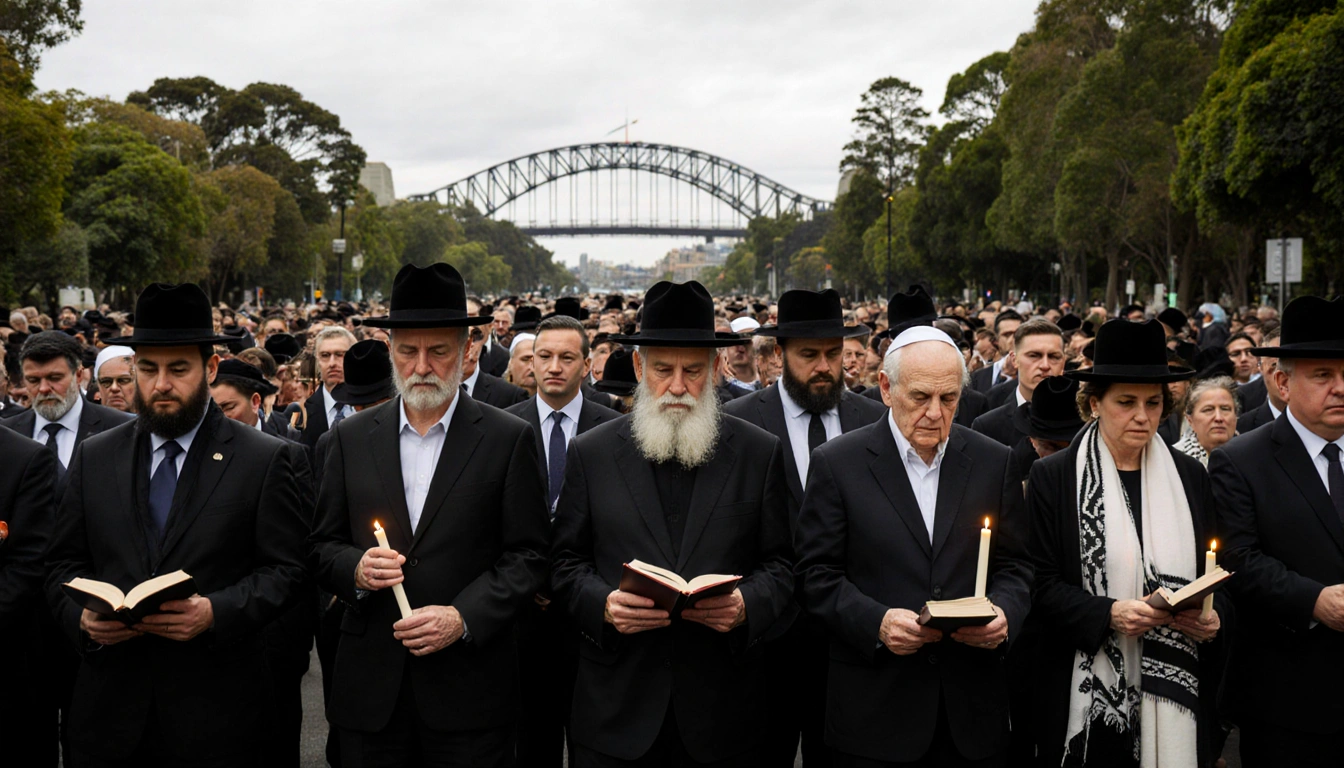Mourners gathering at a Sydney funeral procession with the Opera House in the background and tallit prayer shawls