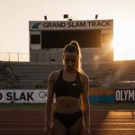 Sydney McLaughlin-Levrone standing alone on deserted track with sunset glow and Grand Slam Track logo behind