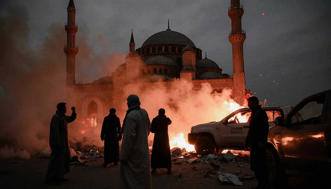 Alawite protesters stand defiantly with smoke and flames from burning vehicles and a mosque silhouette in the background