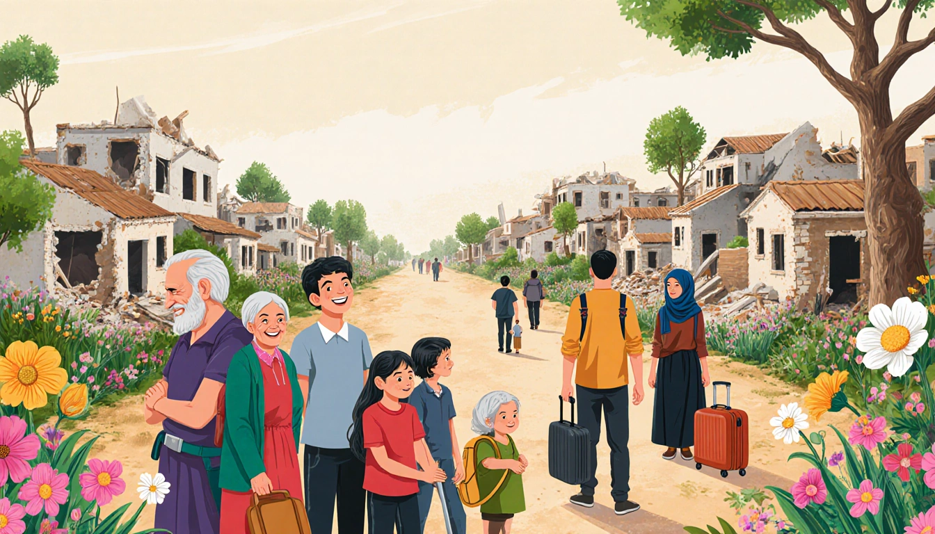 Syrian refugees returning home with smiling families standing near a rebuilt village surrounded by blooming flowers