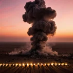 Smoke rises over Syrian desert with illuminated targets and orange dusk sky at dusk
