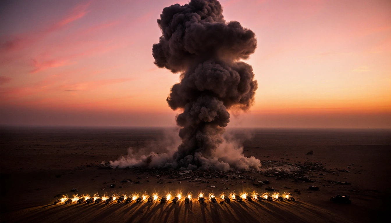 Smoke rises over Syrian desert with illuminated targets and orange dusk sky at dusk