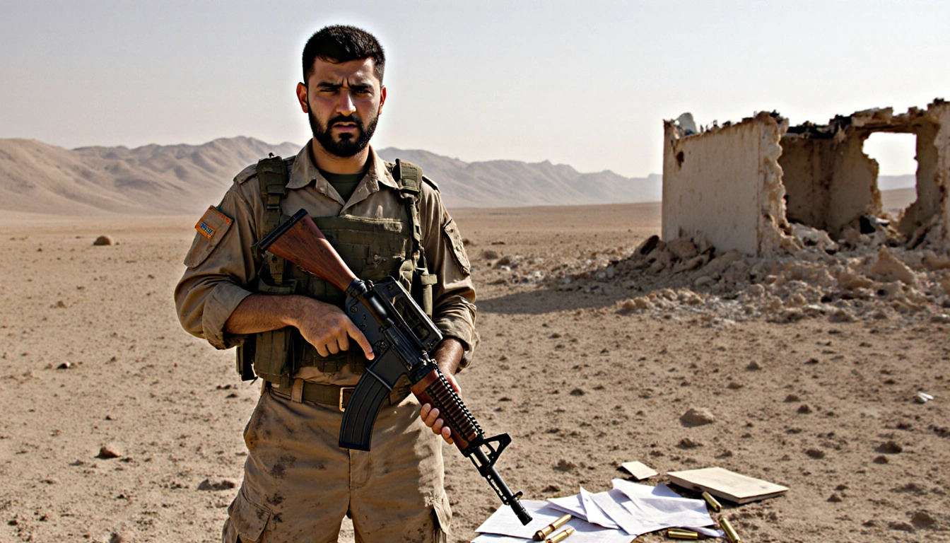 Security guard standing near a ruined outpost with bullet casings and documents on the dusty Syrian desert floor