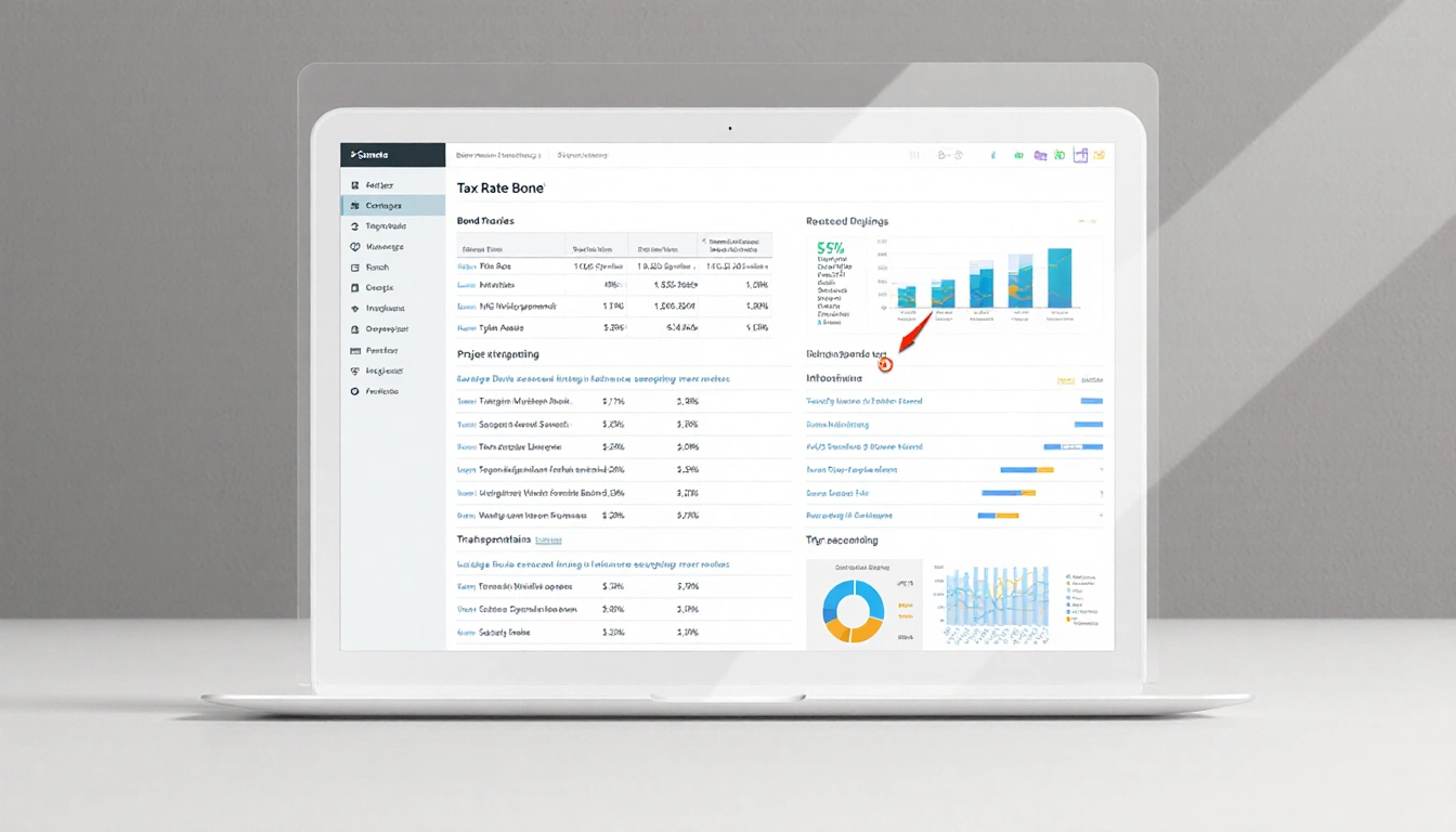 Tablet displaying tax rate elections data and bond project charts with icons of community engagement and transparency