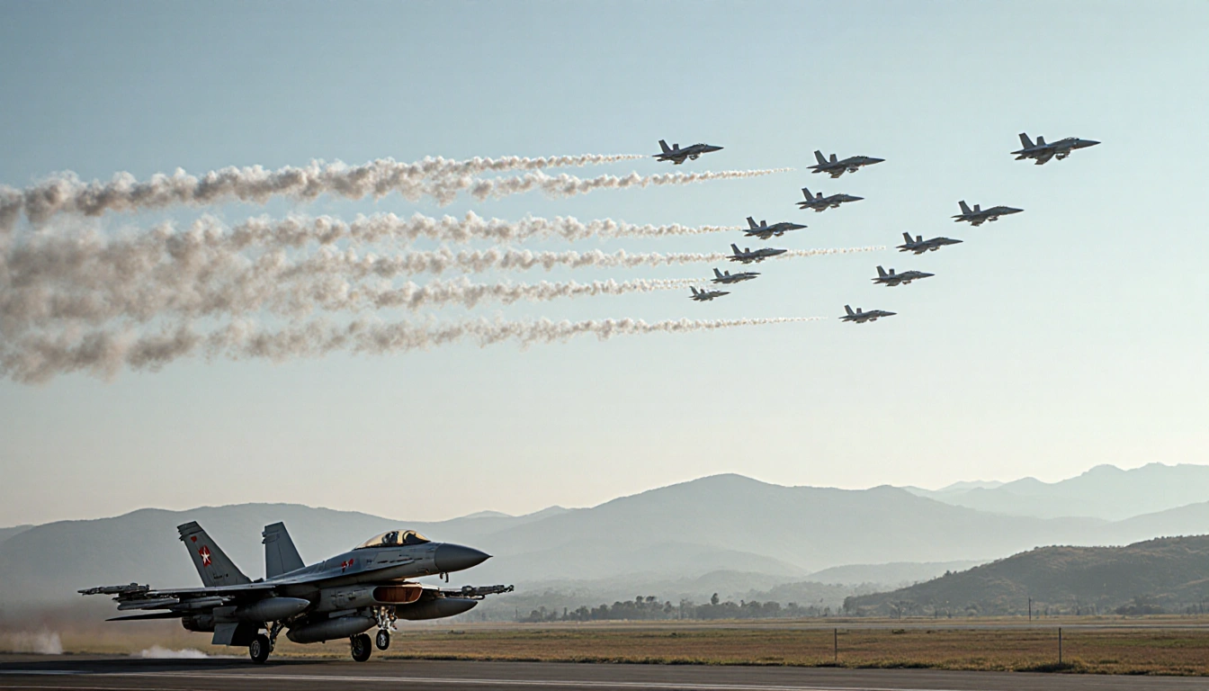 Taiwanese fighter jet takes off from runway with swarm of Chinese military aircraft overhead and misty hills in background.