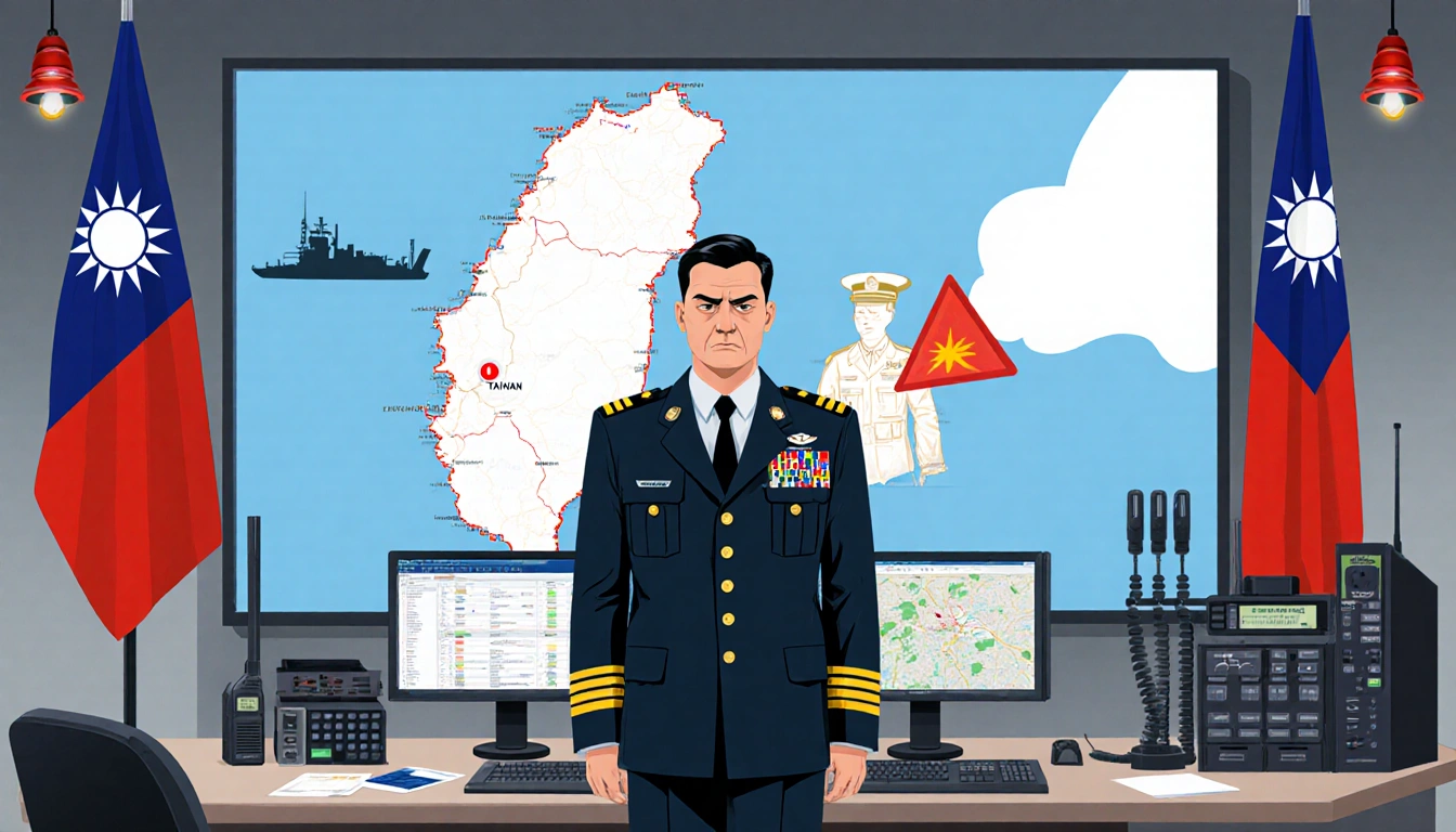 Defense ministry official standing before a screen showing Taiwan map for rapid response with alarms and computers
