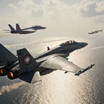 Taiwanese F-16 jets flying low over sea with Chinese J-20 hovering and waves lit by contrails.