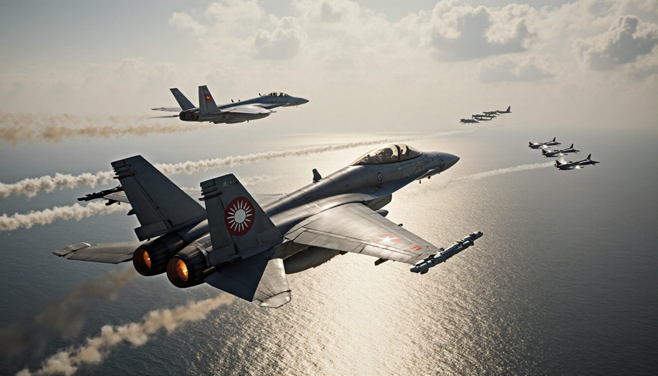 Taiwanese F-16 jets flying low over sea with Chinese J-20 hovering and waves lit by contrails.