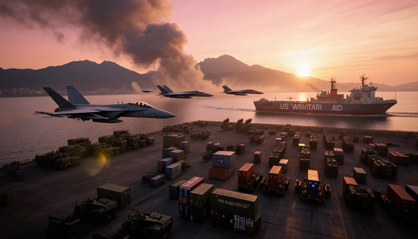 Fighter jets launching over a military base at sunset with a cargo ship docked on the shore and mist rising from mountains