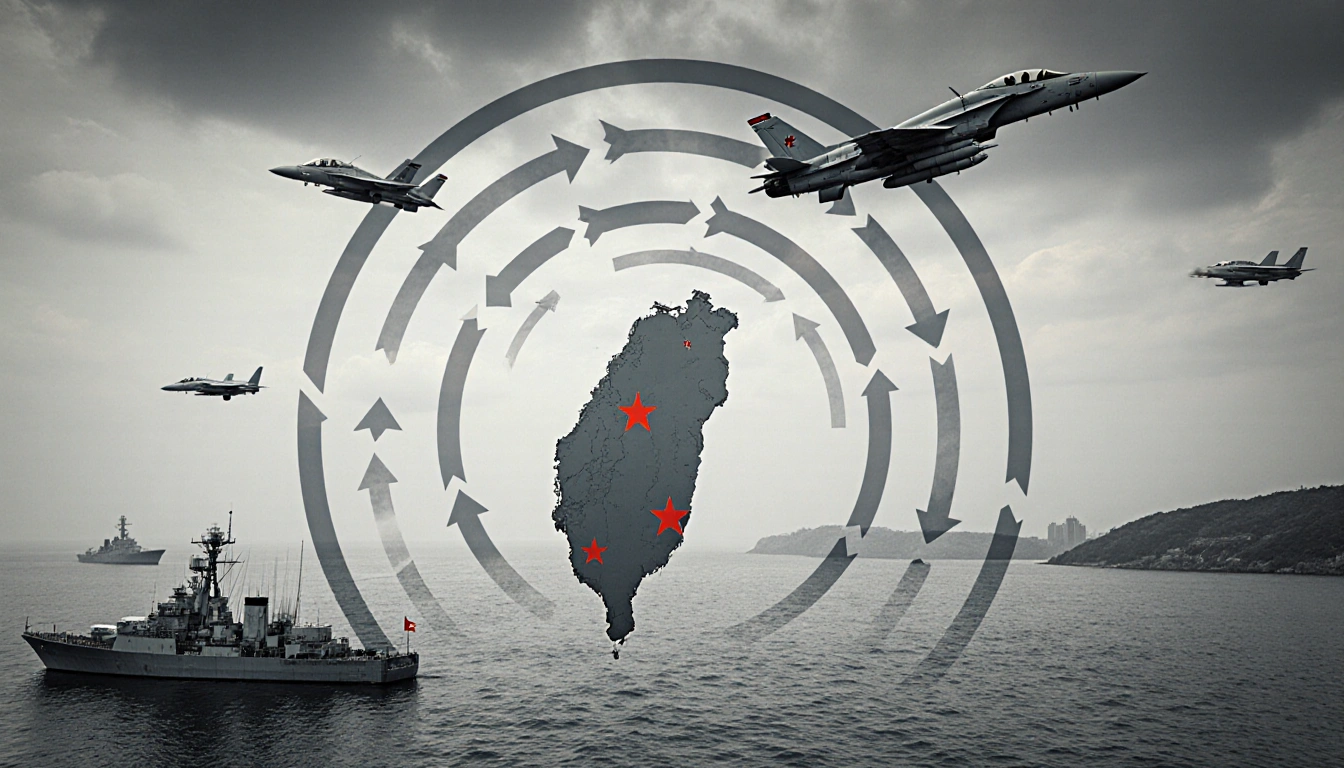 Taiwan is surrounded by arrows showing military drills with a warship and fighter jets overhead.