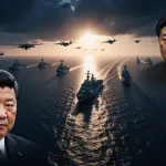 Taiwanese warship sailing through the Strait with a Chinese fleet and jets trailing behind and a minister reflected on water