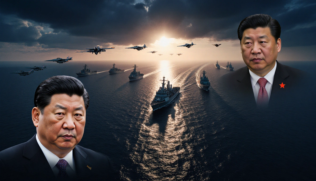 Taiwanese warship sailing through the Strait with a Chinese fleet and jets trailing behind and a minister reflected on water