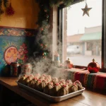 Vendor arranging tamales on wooden counter with Mexican murals and holiday lights