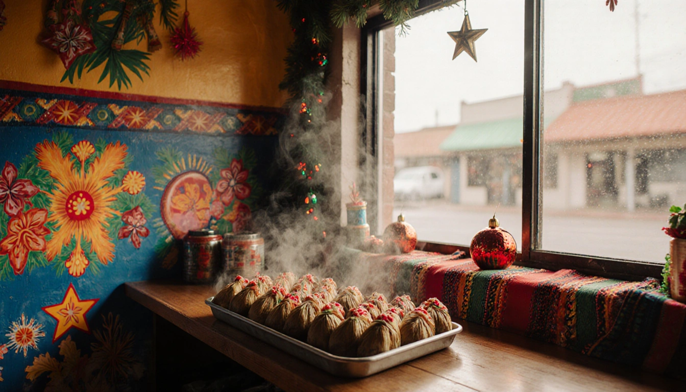 Vendor arranging tamales on wooden counter with Mexican murals and holiday lights
