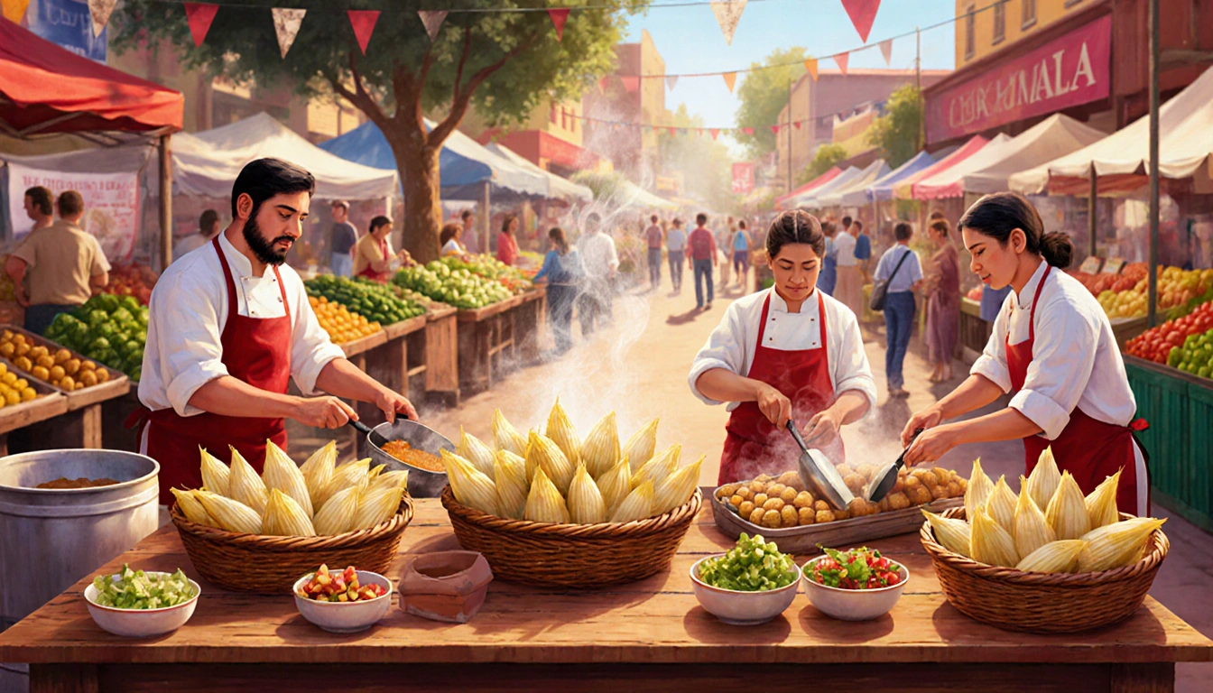 Chefs assembling tamales with steaming baskets and wooden tables near a bustling market stall