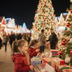 Children and adults browsing gifts at holiday market with Christmas tree and twinkling lights