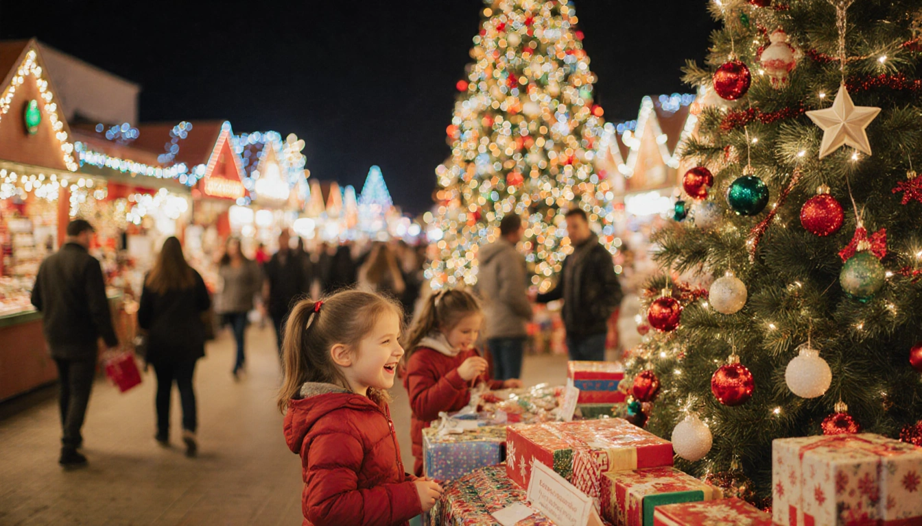 Children and adults browsing gifts at holiday market with Christmas tree and twinkling lights
