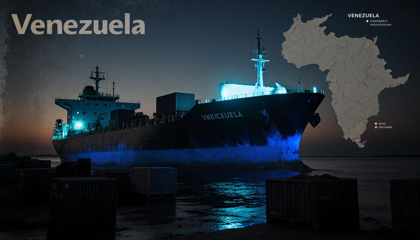 Tanker glows blue with oil slicks and cargo crates around it and map of Venezuela in background hinting at illicit smuggling