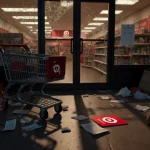 Target storefront showing broken screens with dim dusk lighting and abandoned shopping bags with gift card on floor