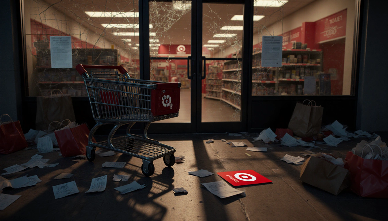 Target storefront showing broken screens with dim dusk lighting and abandoned shopping bags with gift card on floor