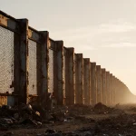 Lone trade ship sailing away from shore with rusted steel wall looming overhead reflecting tariffs on global trade