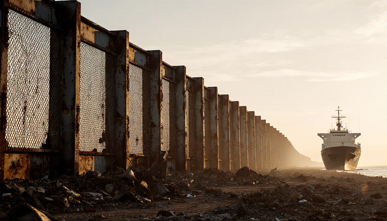 Lone trade ship sailing away from shore with rusted steel wall looming overhead reflecting tariffs on global trade