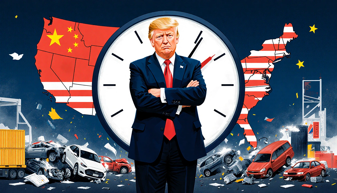 Trump stands confidently before a giant American flag with a world map of tariff-affected countries and a midnight clock.