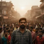 Tarique Rahman standing on a crowded Dhaka street with a sea of people looking up and vibrant textiles behind him.
