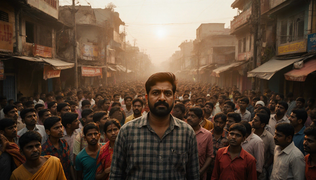 Tarique Rahman standing on a crowded Dhaka street with a sea of people looking up and vibrant textiles behind him.