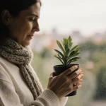 Hands cradle a potted plant with a hand‑woven scarf and natural light and a blurred cityscape hinting environmental activism