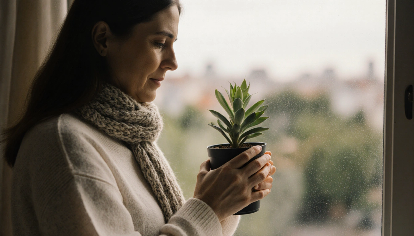Hands cradle a potted plant with a hand‑woven scarf and natural light and a blurred cityscape hinting environmental activism