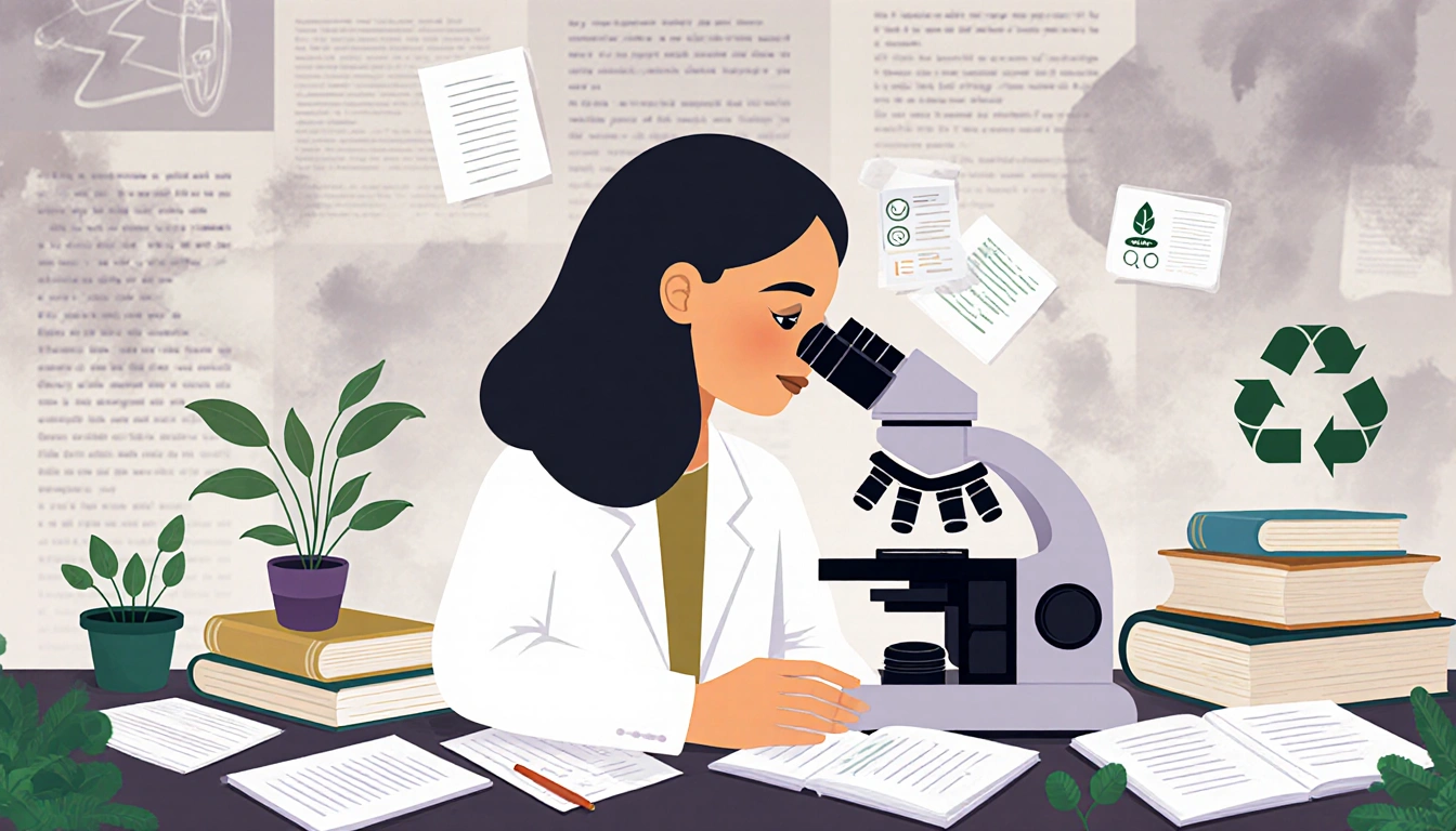 Tatiana Schlossberg standing in front of microscope with scattered books and research notes near tiny plants