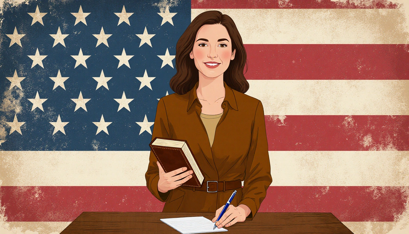 Tatum Dale standing in front of a flag with Kentucky bluegrass and holding a leather-bound book and resting a pen on a desk.