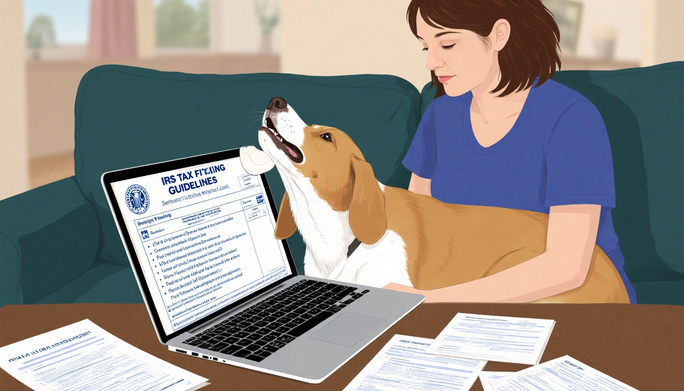 Reynolds sits and looks up at laptop screen with Finnegan beside her and tax paperwork nearby