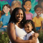 Tayla Terry embraces a young girl with a bright smile amid Austin mural and lush greenery