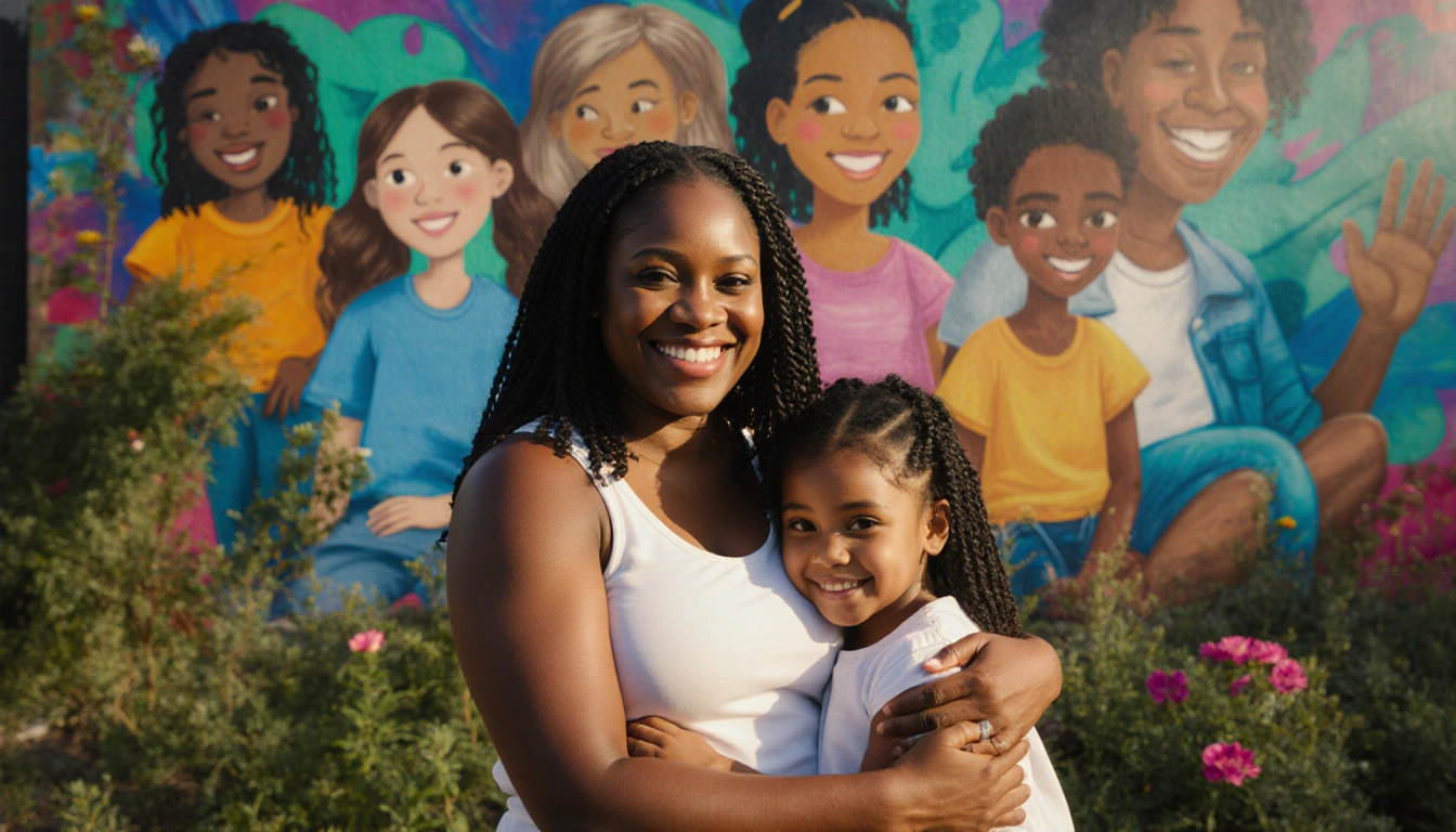 Tayla Terry embraces a young girl with a bright smile amid Austin mural and lush greenery