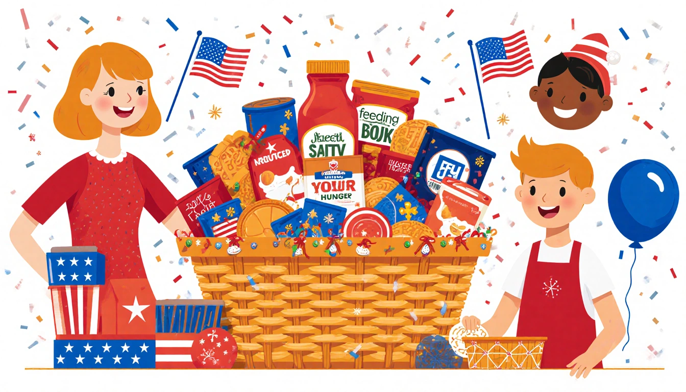 Basket overflows with food donation and relief decorations with smiling faces and hopeful expressions surrounding it