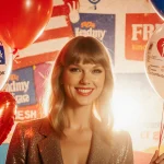 Taylor Swift holding a heart‑shaped balloon with golden‑lit light near American Heart Association and Feeding America logos