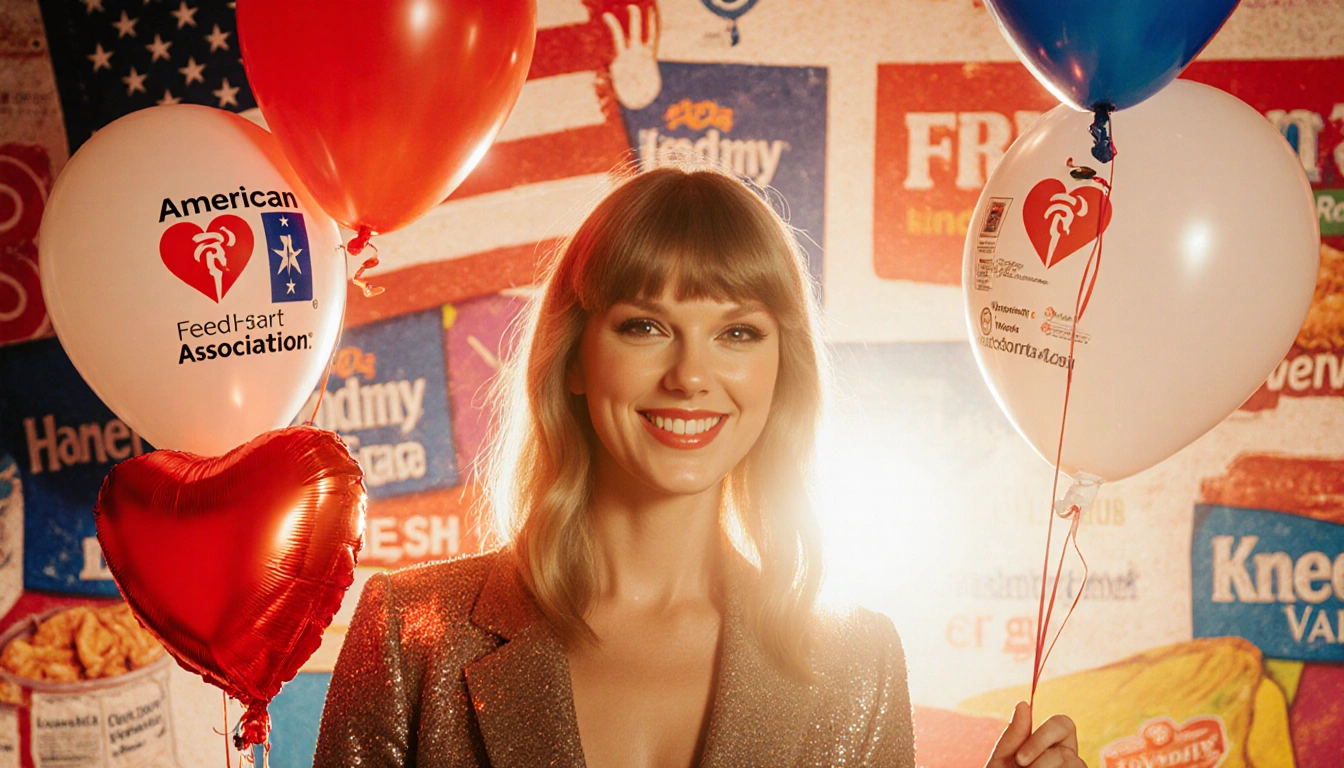 Taylor Swift holding a heart‑shaped balloon with golden‑lit light near American Heart Association and Feeding America logos