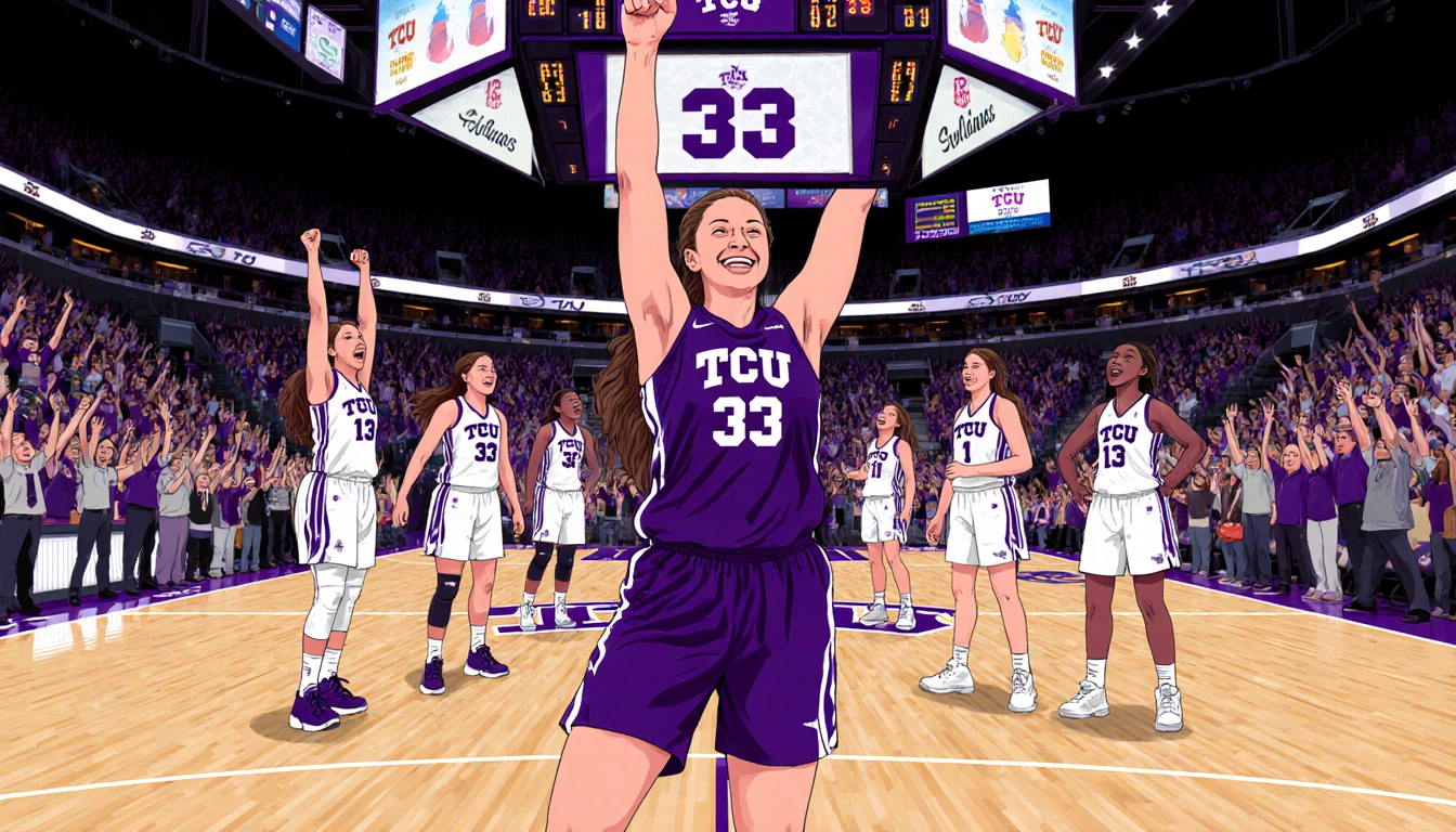 TCU's Olivia Miles triumphs on court with teammates and a bold 33 banner as a packed arena cheers