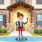 Teacher holding miniature key with wood housing in background and pool reflecting Lockhart ISD logo